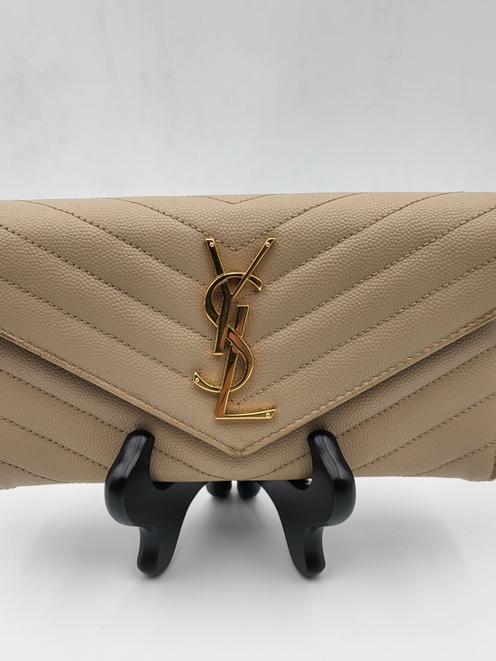 Saint Laurent Handbags - YVES SAINT LAURENT Grain De Poudre Matelasse Chevron Flap Wallet Dark Beige Auth